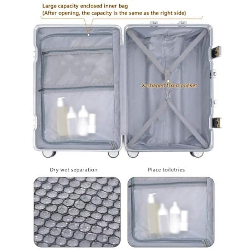 Hand Luggage Zipperless Luggage Aluminum Luggage Packed Luggage with USB Suitcase with Cup Holder with TSA with Aluminum FrameB 24in
