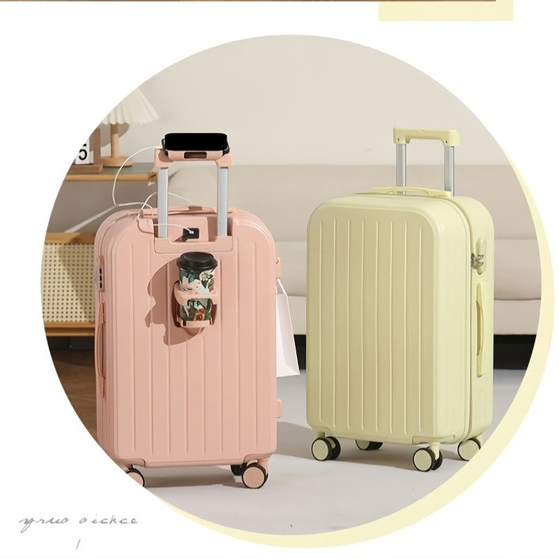 20\u002F24 Inch Stylish PC Zipper Suitcase • Travel Trolley Bag for Women • Featuring a Cup Holder And USB Charging Port