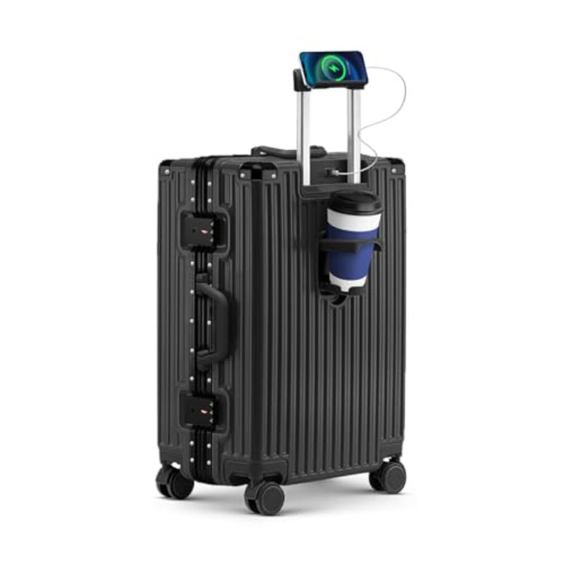 24-Inch Zipperless Carry-On Suitcase with an Aluminum Frame, Hard Shell, Tsa-Approved Lock, Spinner Wheels, Phone Holder, Charging Port, And Cup Holder, Designed for Lightweight Travel in Black