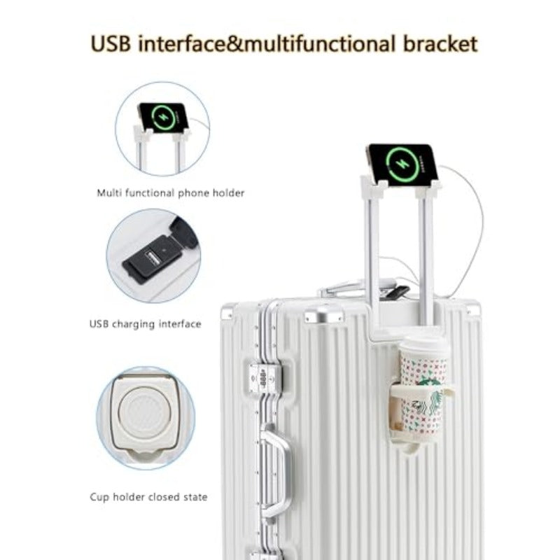 Hand Luggage Zipperless Luggage Aluminum Luggage Packed Luggage with USB Suitcase with Cup Holder with TSA with Aluminum FrameB 26in