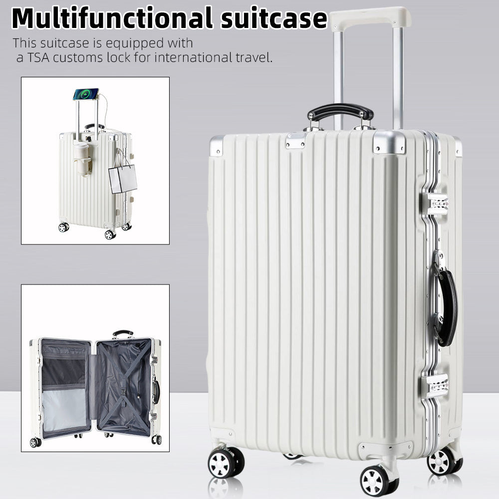 Aluminum Alloy Frame Luggage It Is Equipped with a Cup Holder, Brake Wheels, a Hook, a Built-in USB Charging Port, and a TSA-approved International Combination Lock, Allowing for Smooth Passage Through International Security Checkpoints