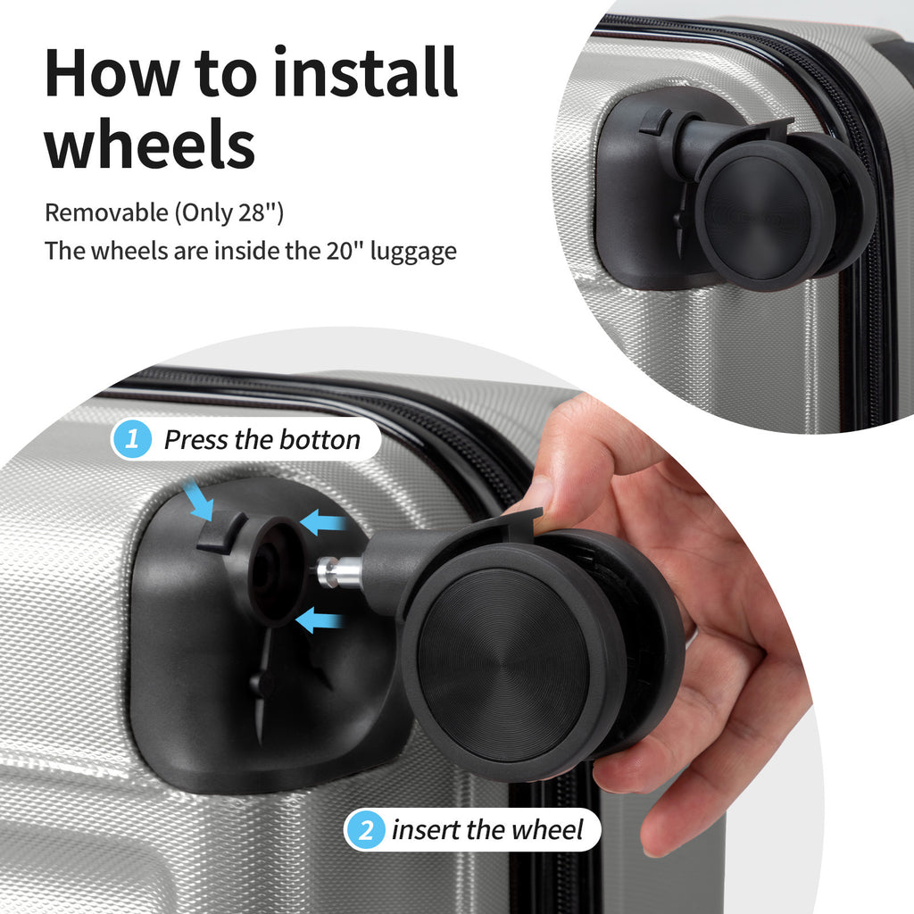 3in1 Luggage Set with Detachable Wheels, 20\u002F24\u002F28 Inch Lightweight ABS Suitcase with Lock & Spinner Wheels, Durable Travel Trolley Bag, 28-inch Disassembly Wheels
