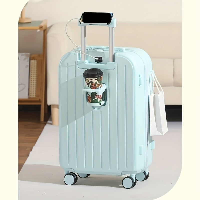 20\u002F24 Inch Stylish PC Zipper Suitcase • Travel Trolley Bag for Women • Featuring a Cup Holder And USB Charging Port